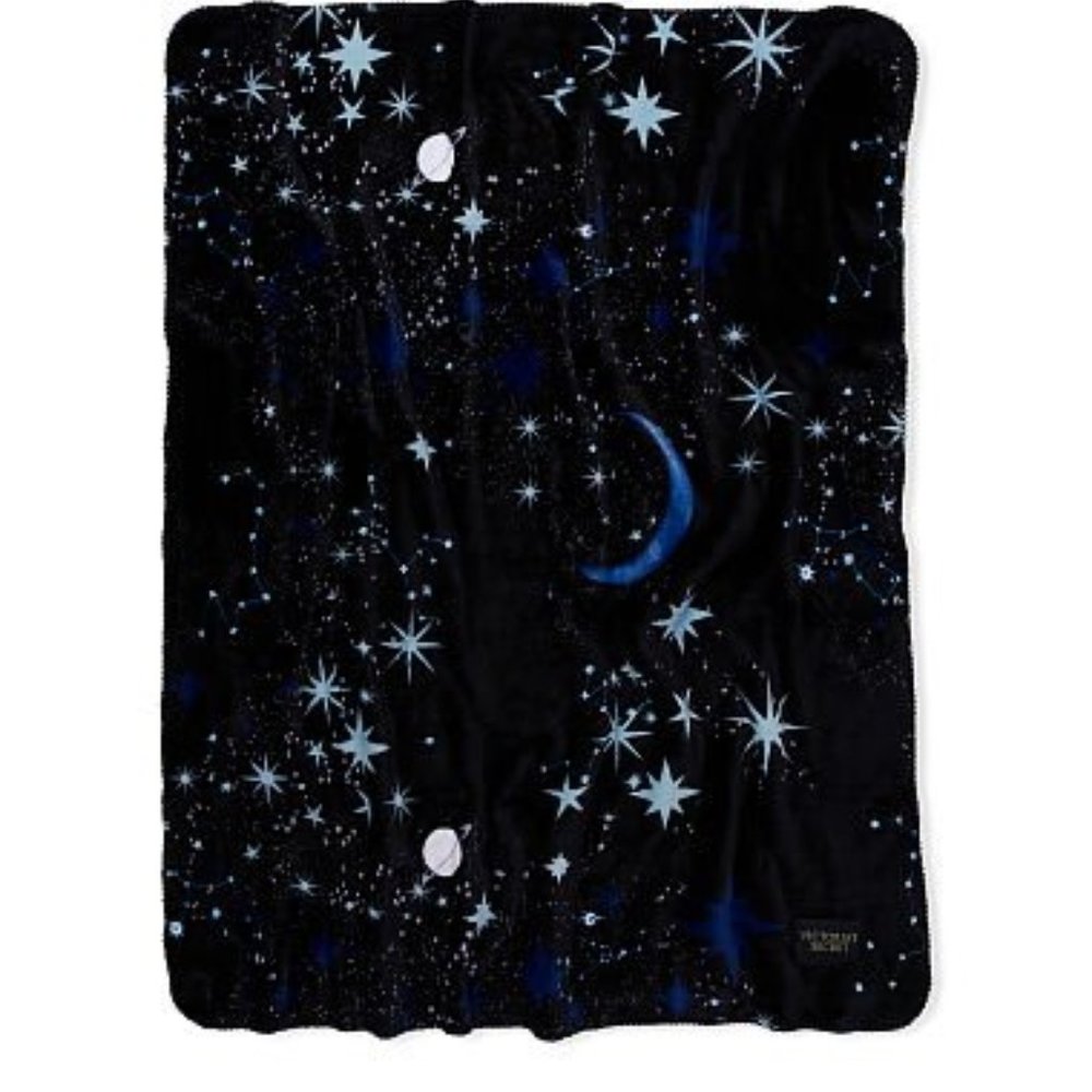 Victoria Secret Blanket Plush Fleece Celestial Moon and Stars Printed Black Blue